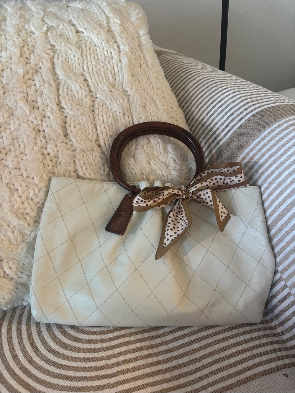 CHANEL Cream Quilted Leather Wood Top-Handle Bag